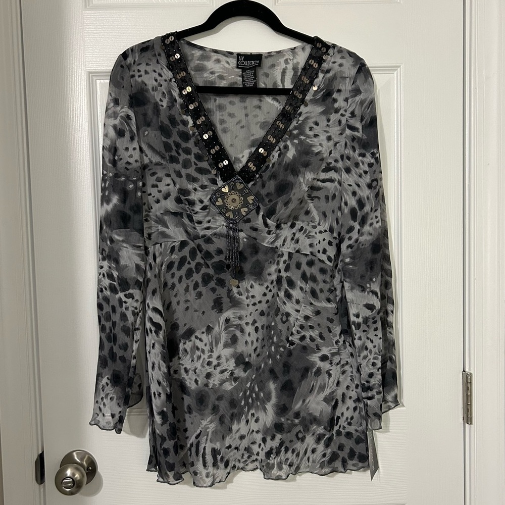 NY Collection Sheer Beaded Leopard Top NWT, women’s L